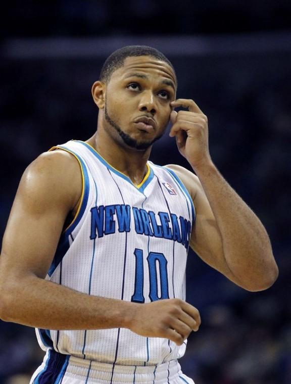 New Orleans Hornets shooting guard Eric Gordon (10) walks down court in the third quarter of an NBA basketball game against the Memphis Grizzlies in New Orleans, Wednesday, Dec. 21, 2011. (AP Photo/Gerald Herbert)
 