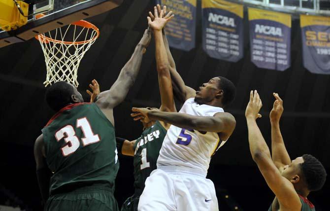 Shavon Coleman (5), LSU junior forward, shoots the ball Saturday, Nov. 24, during the LSU vs. Mississippi Valley State game.
 