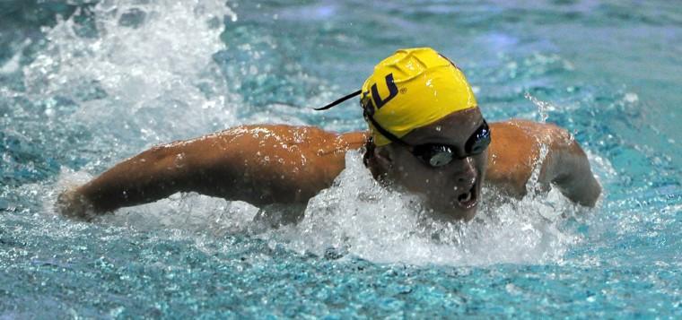 LSU junior swimmer Emily Weaner swims on Saturday, Oct. 27, 2012 in the LSU Natatorium the 200 yard butterfly against North Carolina State.
 