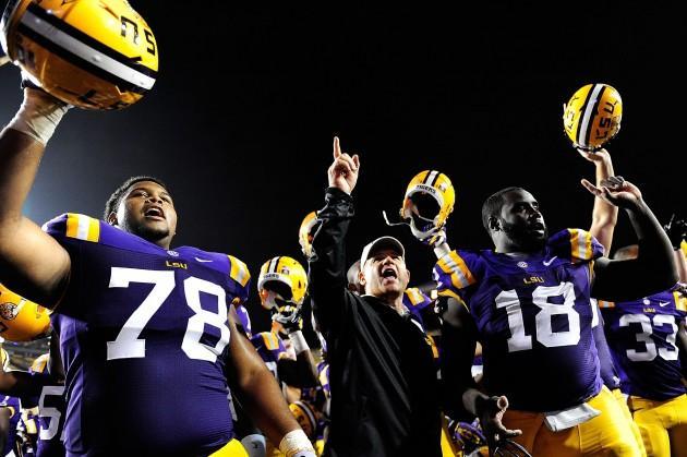 LSU coach Les Miles sings the Alma Mater with (78) La'El Collins and (18) Bennie Logan after the Tigers' 38-22 victory over Towson. Check out the KLSU Sports LSU Football Podcast to get our thoughts on the win.