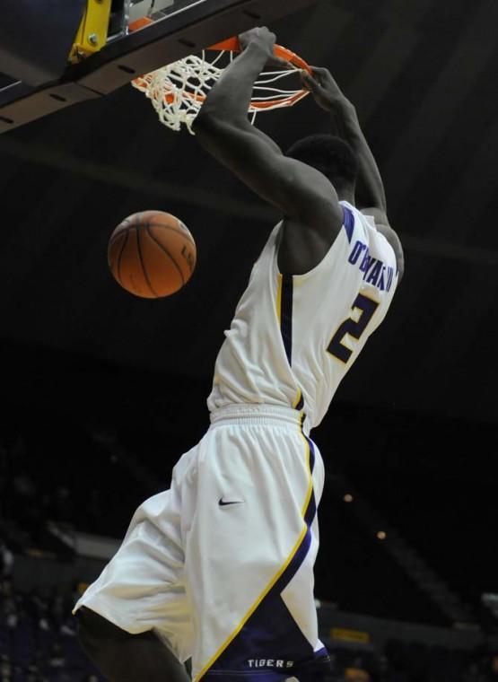 Johnny O'Bryant III (2), LSU sophomore forward, dunks the ball Saturday, Nov. 24, during the LSU vs. Mississippi Valley State game.
 