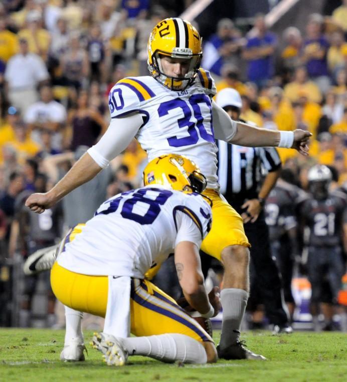 LSU senior kicker Drew Alleman (30) kicks a eld goal Oct. 13 during the Tigers&#8217; 23-21 win against South Carolina in Tiger Stadium.