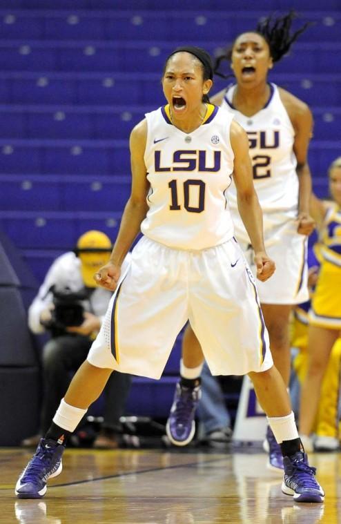 LSU senior guard Andrienne Webb (10) lets out a roar after sinking a three-pointer during LSU's 72-70 win over Wichita State on November 11, 2012.