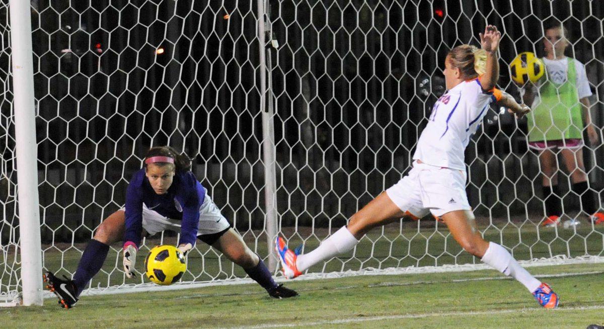 Senior goalkeeper Megan Kinneman, 1, saves a shot Friday, Oct. 5, 2012 at the LSU Soccer Stadium. The Gators defeated the Tigers 2-0.