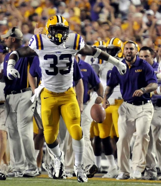 LSU freshman running back Jeremy Hill celebrates after a good play during the game against South Carolina in Tiger Stadium on October 13, 2012. The Tigers eventually won 23-21.