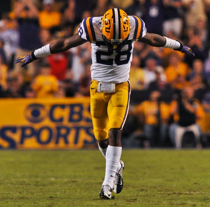 LSU freshman cornerback Jalen Mills (28) celebrates after making a play Saturday, Nov. 3, 2012, during the Tigers' 21-17 loss to Alabama.