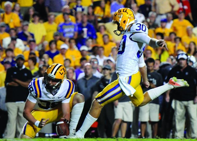 LSU senior kicker Drew Alleman (30) makes a field goal Saturday, Oct. 13, 2012 during the Tigers' 23-21 win against South Carolina in Tiger Stadium.