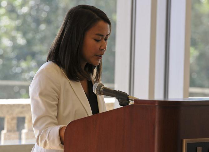 Alexandra Chung Rouse, LSU alumna and member of Teach for America, gives a closing speech to the students who participated in the Multicultural Leadership Conference on Saturday, Oct. 27, 2012 in the Atchafalaya Room of the Student Union.