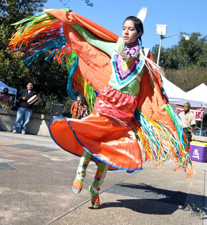 Digital arts junior Skye Byrd participates in a shawl dances Wednesday, Nov. 14, 2012, during the Native American Student Association's dance demonstration in Free Speech Plaza. Byrd, a member of the Coushatta Tribe of Louisiana, is NASA's vice president.