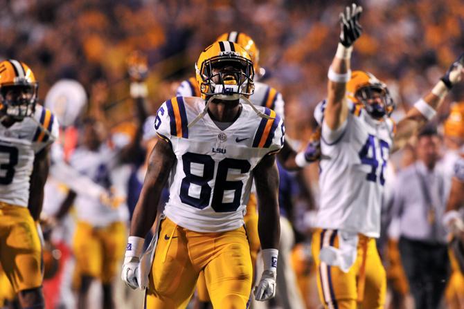 LSU junior wide receiver Kadron Boone (86) pumps up the student section Saturday, Nov. 3, 2012, during the Tigers' 21-17 loss to Alabama in Tiger Stadium.