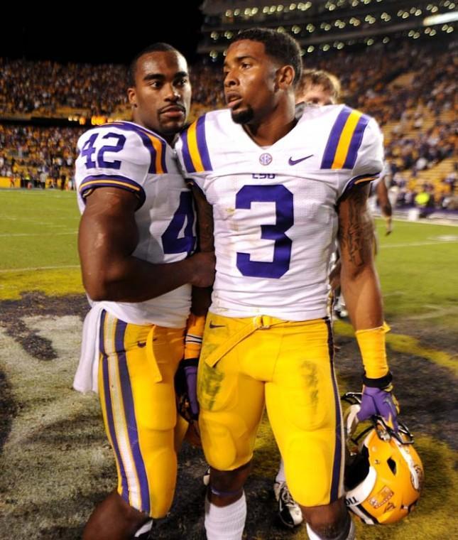 LSU junior running back Michael Ford (42) and sophomore wide receiver Odell Beckham Jr. (3) react to the final score Saturday, Nov. 3, 2012 after the Tigers' 21-17 loss against Alabama in Tiger Stadium.