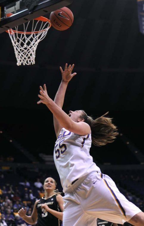 LSU junior forward Theresa Plaisance (55) shoots the ball Sunday, Jan. 20, 2013 during the 54-51 victory over the Vanderbilt Commodores in the PMAC.
 