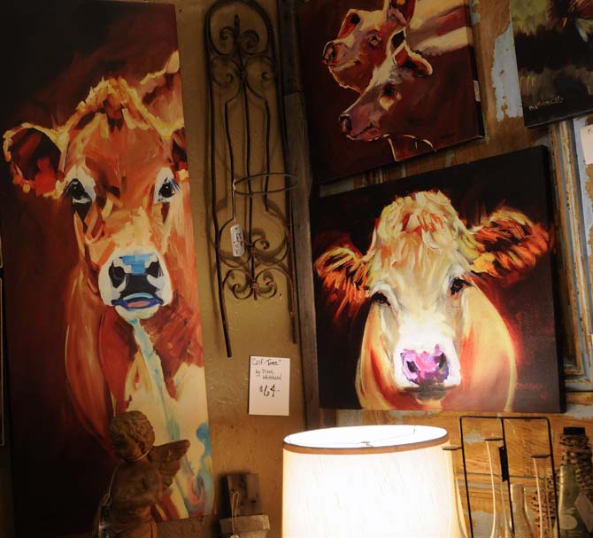 A few cow paintings done by artist Diane Whitehead hang illuminated on the wall in the Circa 1857 shop on Government Street on Jan. 28, 2013.
 