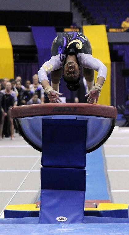 LSU sophomore all-around Llominica Hall vaults Jan. 4, 2013 during the Tiger's 196-194 win over NC State in the PMAC.
 