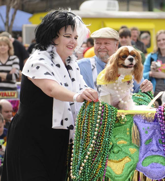 A dog on the Cruella Deville themed float rides proudly through the crowd with its owner during the costume portion of the Krewe of Mutts dog parade downtown on Jan. 27, 2013.
 