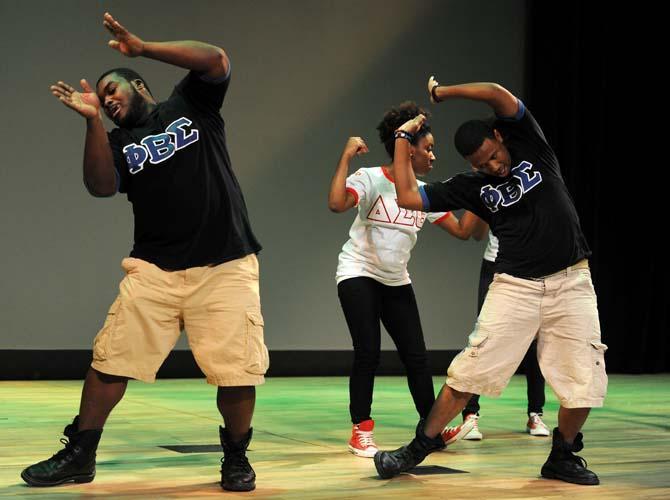 Members of the LSU National Pan-Hellenic Council stomp at the MLK Performing Arts Showcase at the Union Theatre on Thursday, Jan. 24, 2013.