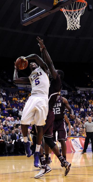 LSU junior Shavon Coleman (5) rebounds Wednesday, Jan. 23, 2013 in the 58-54 victory over Texas A&amp;M in the PMAC.
 