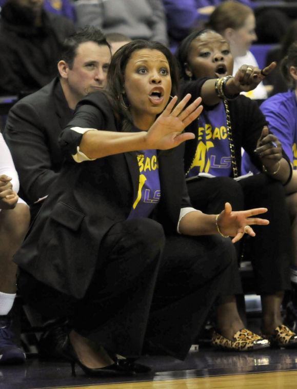 LSU woman's basketball coach Nikki Caldwell and assistant coach Tasha Butts directs Sunday, Jan. 13, 2013 the Lady Tigers during the 62-42 victory over Mississippi State in the PMAC.
 