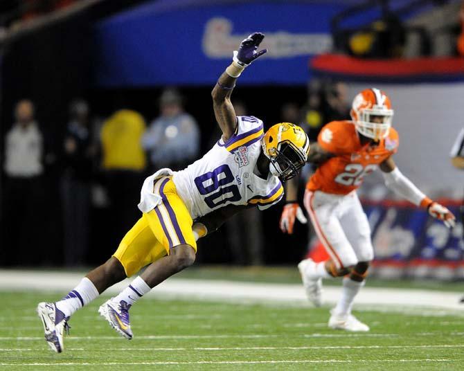 LSU sophomore wide receiver Jarvis Landry misses a pass on LSU's last play Monday, Dec. 31, 2012 during the Tigers' 24-25 loss in the Chick-fil-A Bowl against Clemson in Atlanta, Ga.
 