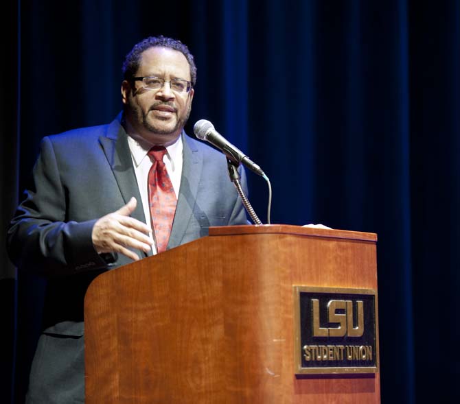 Dr. Michael Eric Dyson, Georgetown sociology professor, speaks at the LSU Union Theatre on Monday, Jan. 23, 2013. Dr. Dyson is also an esteemed author, scholar and radio host.
 