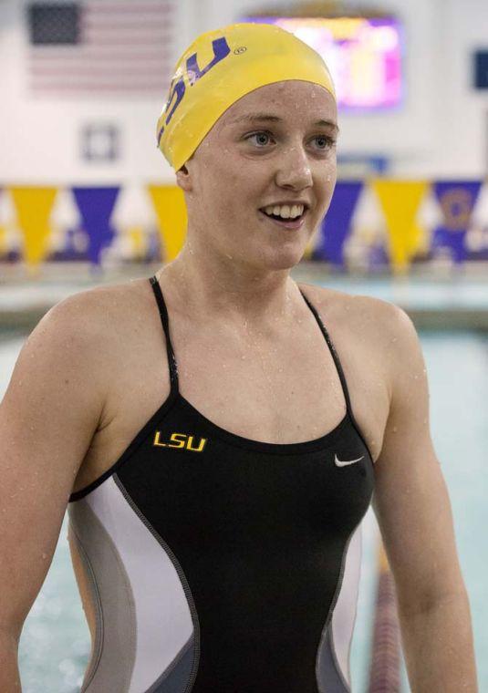 LSU senior Sally Wood smiles after finishing her 400 yard IM race during the girls meet against Houston, Rice, and Tulane in the Natatorium on Jan. 26, 2013.
 