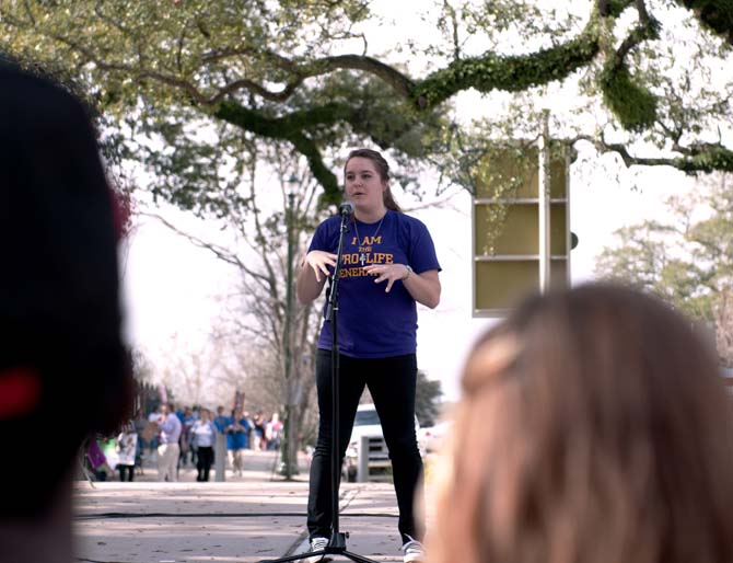 LSU Students for Life Director Kandace Landndreneau speaks Saturday, Jan. 12, 2013, to pro-life protesters in downtown Baton Rouge.
 