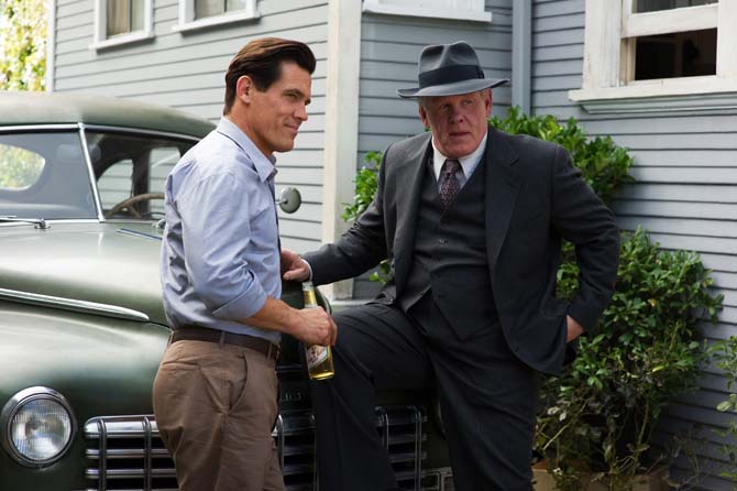 This undated publicity film image released by Warner Bros. Pictures shows Josh Brolin, left, as Sgt. John O'Mara, and Nick Nolte, as Chief Parker, in Warner Bros. Pictures&#8217; and Village Roadshow Pictures&#8217; drama &#8220;Gangster Squad,&#8221; a Warner Bros. Pictures release. To bring the story of mobster Mickey Cohen's reign over post-war Los Angeles to life, the director of &#8220;Gangster Squad&#8221; employed Sean Penn, Josh Brolin, Ryan Gosling and more than 100 irreplaceable vintage American cars. (AP Photo/Warner Bros. Pictures, Wilson Webb)
 