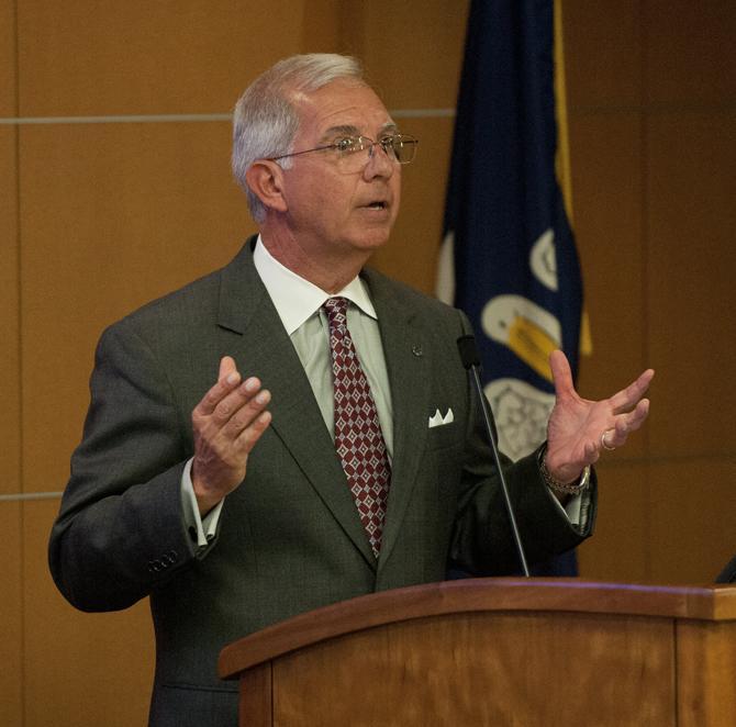 President and CEO of Campus Federal John Milazzo speaks Thursday, Jan. 24, 2013 to the Faculty Senate in the Capital Chambers of the Student Union.
 