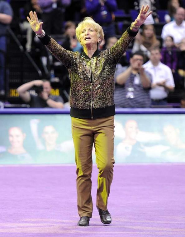 LSU gymnastics head coach D-D Breaux thanks the crowd for applauding her 600th career win, secured with a narrow 196-194 victory over NC State on Jan. 4, 2013 in the PMAC.
 