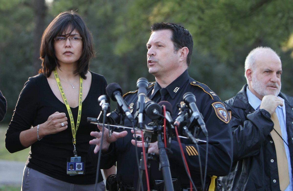 Harris County Capt. Ken Melancon address the media at Lone Star College-North Harris Campus following a shooting on campus on Tuesday, Jan. 22, 2013. (AP Photo/The Courier, Jason Fochtman)