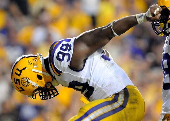 LSU junior defensive end Sam Montgomery (99) celebrates after a sack Saturday, Oct. 13, 2012 during the Tigers' 23-21 win against South Carolina in Tiger Stadium.