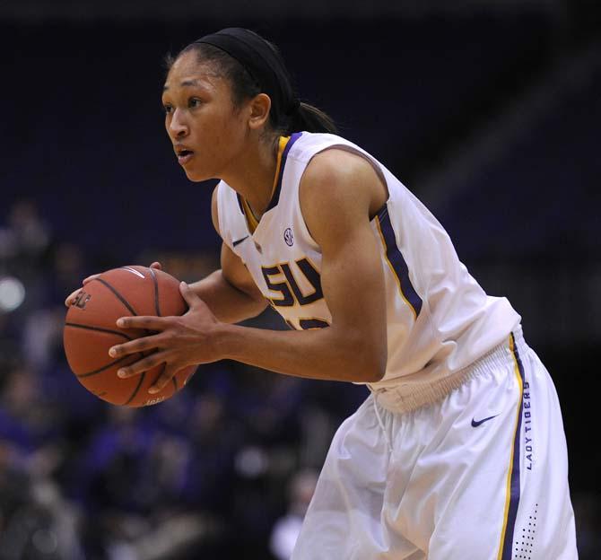 LSU senior guard Adrienne Webb (10) holds the ball Sunday, Jan. 20, 2013 during the 54-51 victory over the Vanderbilt Commodores in the PMAC.
 