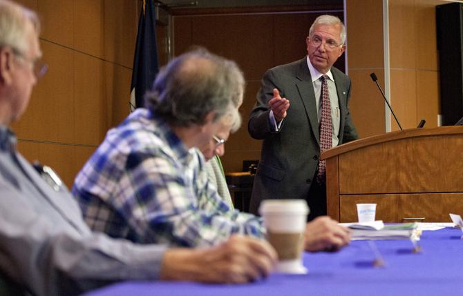 President and CEO of Campus Federal John Milazzo talks Thursday, Jan. 24, 2013 to the Faculty Senate in the Capital Chambers of the Student Union.
 