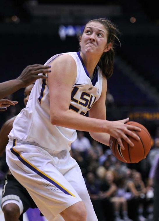 LSU junior forward Theresa Plaisance (55) looks toward the goal Sunday, Jan. 20, 2013 during the 54-51 victory over the Vanderbilt Commodores in the PMAC.
 