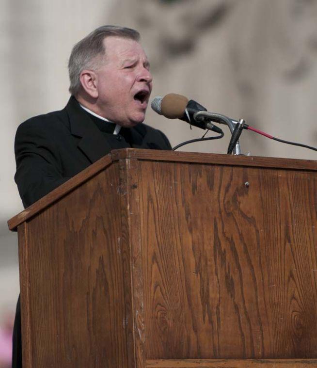 Gregory Aymond, Archbishop of New Orleans, speaks Saturday, Jan. 12, 2013, to pro-life activists at Baton Rouge's third annual Pro-Life March.
 