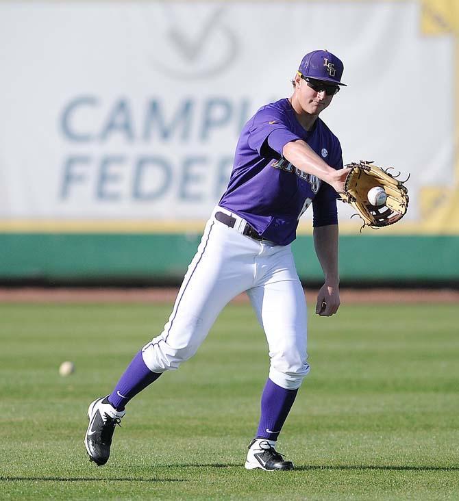 LSu freshman outfielder Andrew Stevenson (6) tries to catch a ball Jan. 25, 2013 during the Tiger's first preseason practice in Alex Box Stadium.
 