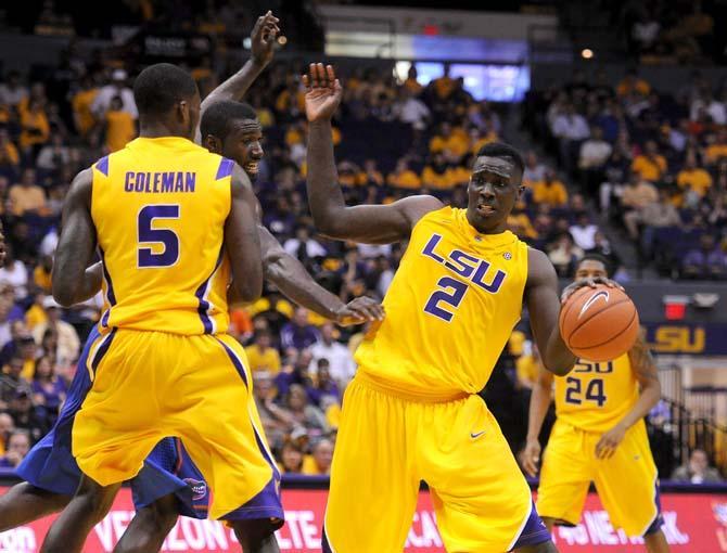 Johnny O'Bryant III, LSU sophomore forward, avoids a Florida defender Saturday, Jan. 12 during the LSU vs. Florida game.
 