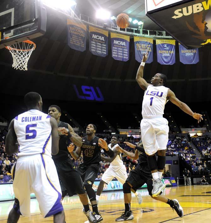 LSU sophomore guard Anthony Hickey (1) goes for two during the Tigers' 73-70 victory against Mizzou Wednesday Jan. 30, 2013 in the PMAC.
 