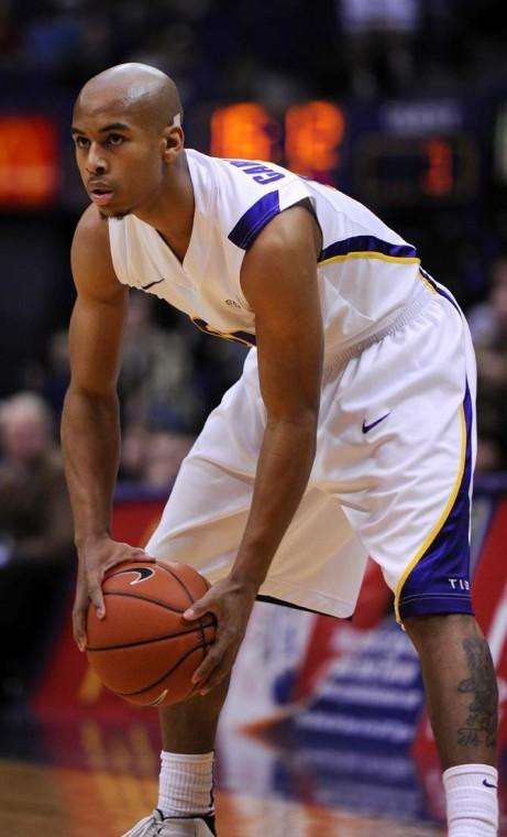 Charles Carmouche (0), LSU senior guard, looks to pass the ball Saturday, Jan. 5, during the LSU vs. Bethune Cookman game.
 