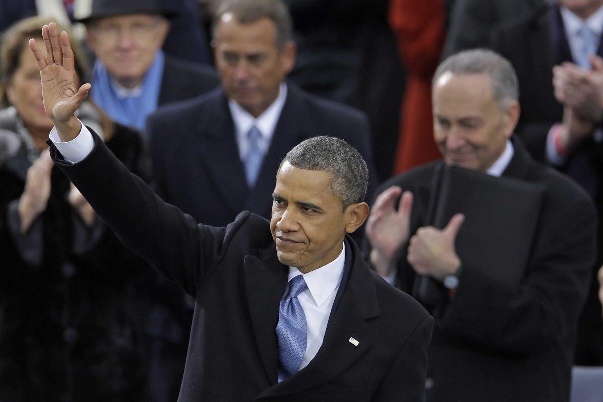 President Barack Obama waves after delivering his Inaugural address at the ceremonial swearing-in at the U.S. Capitol during the 57th Presidential Inauguration in Washington, Monday, Jan. 21, 2013. (AP Photo/Carolyn Kaster)