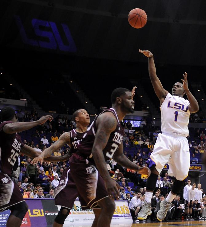 LSU sophomore Anthony Hickey (1) shoots Wednesday, Jan. 23, 2013 in the 58-54 victory over Texas A&amp;M in the PMAC.
 