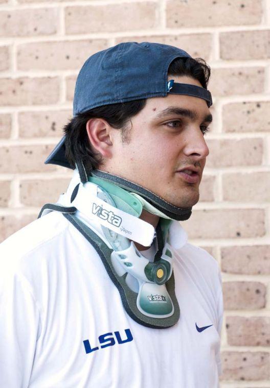 LSU sophomore outfielder Chris Sciambra speaks to a reporter June 6, 2012 outside Alex Box Stadium.
 