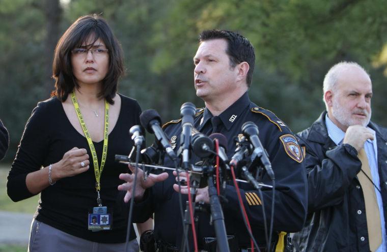 Harris County Capt. Ken Melancon address the media at Lone Star College-North Harris Campus following a shooting on campus on Tuesday, Jan. 22, 2013. (AP Photo/The Courier, Jason Fochtman)
 