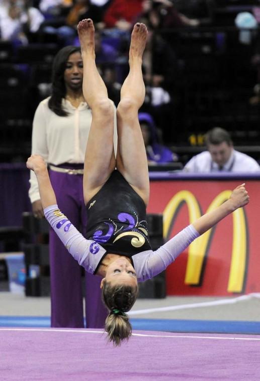 LSU sophomore all-around Jessie Jordan tumbles in her floor routine Jan. 4, 2013 during the Tiger's 196-194 win over NC State in the PMAC.
 