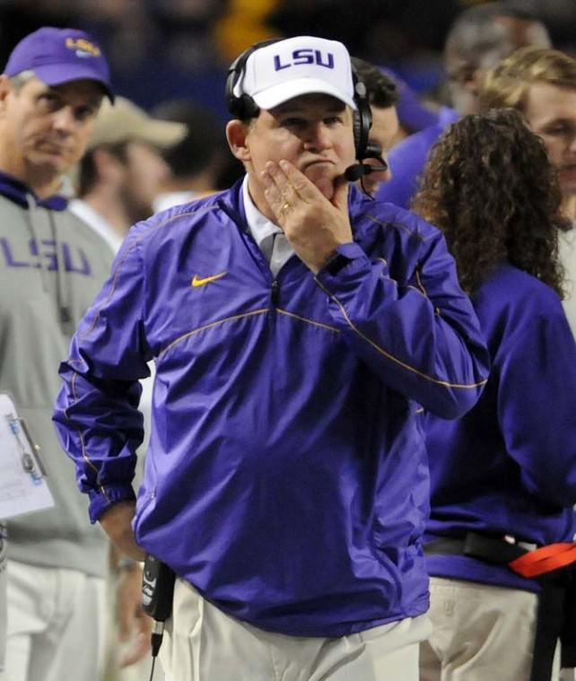 LSU football head coach Les Miles ponders his next move Dec. 31 during the Tiger's 24-25 Chick-fil-A Bowl loss to Clemson.
 