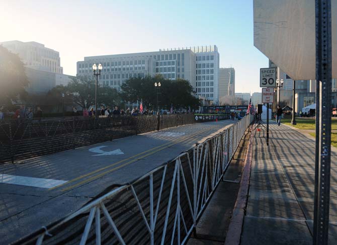 The finish line for both the marathon and half-marathon runners sits in front of the State Capitol building on Jan. 20, 2013.
 