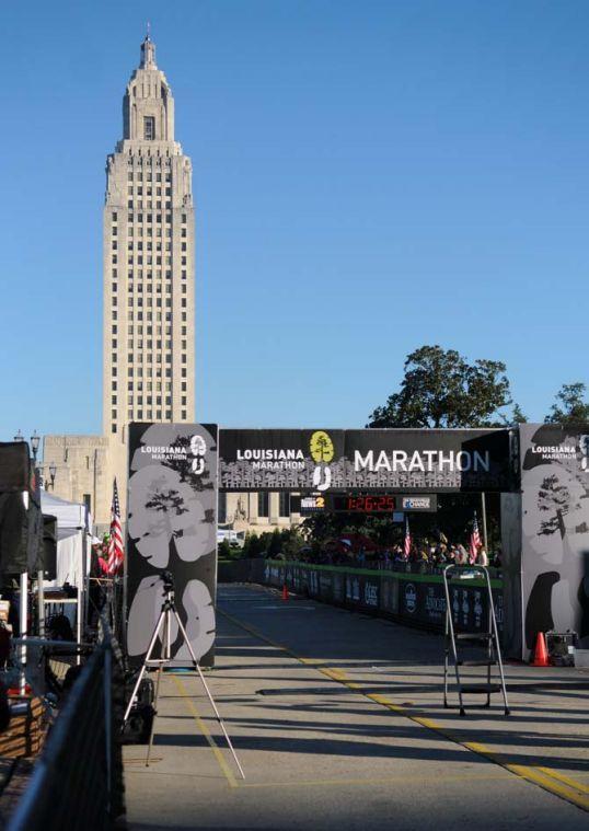 The finish line for both the marathon and half-marathon runners sits in front of the State Capitol building on Jan. 20, 2013.
 