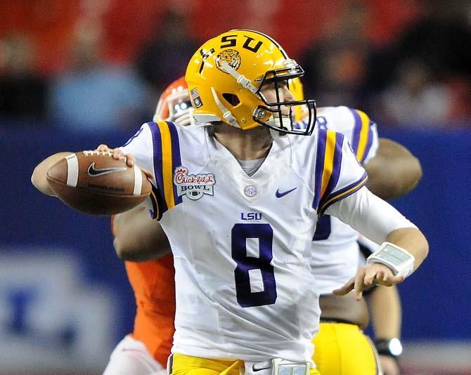 LSU junior quarterback Zach Mettenberger throws the ball Monday, Dec. 31, 2012 during the Tigers' 24-25 loss in the Chick-fil-A Bowl against Clemson in Atlanta, Ga.
 