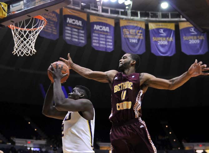 Johnny O'Bryant III (2), LSU sophomore forward, shoots the ball Saturday, Jan. 5, during the LSU vs. Bethune Cookman game.
 