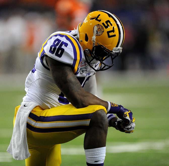 LSU junior wide receiver Kadron Boone (86) reacts after dropping a pass in the end zone Monday, Dec. 31, 2012 during the Tigers' 24-25 loss in the Chick-fil-A Bowl against Clemson in Atlanta, Ga.
 